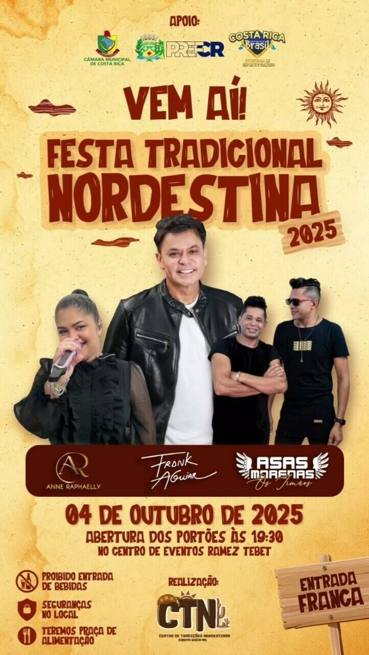 Imagem de compartilhamento para o artigo Prefeitura de Costa Rica anuncia show gratuito de Frank Aguiar na Festa Nordestina em outubro da MS Todo dia